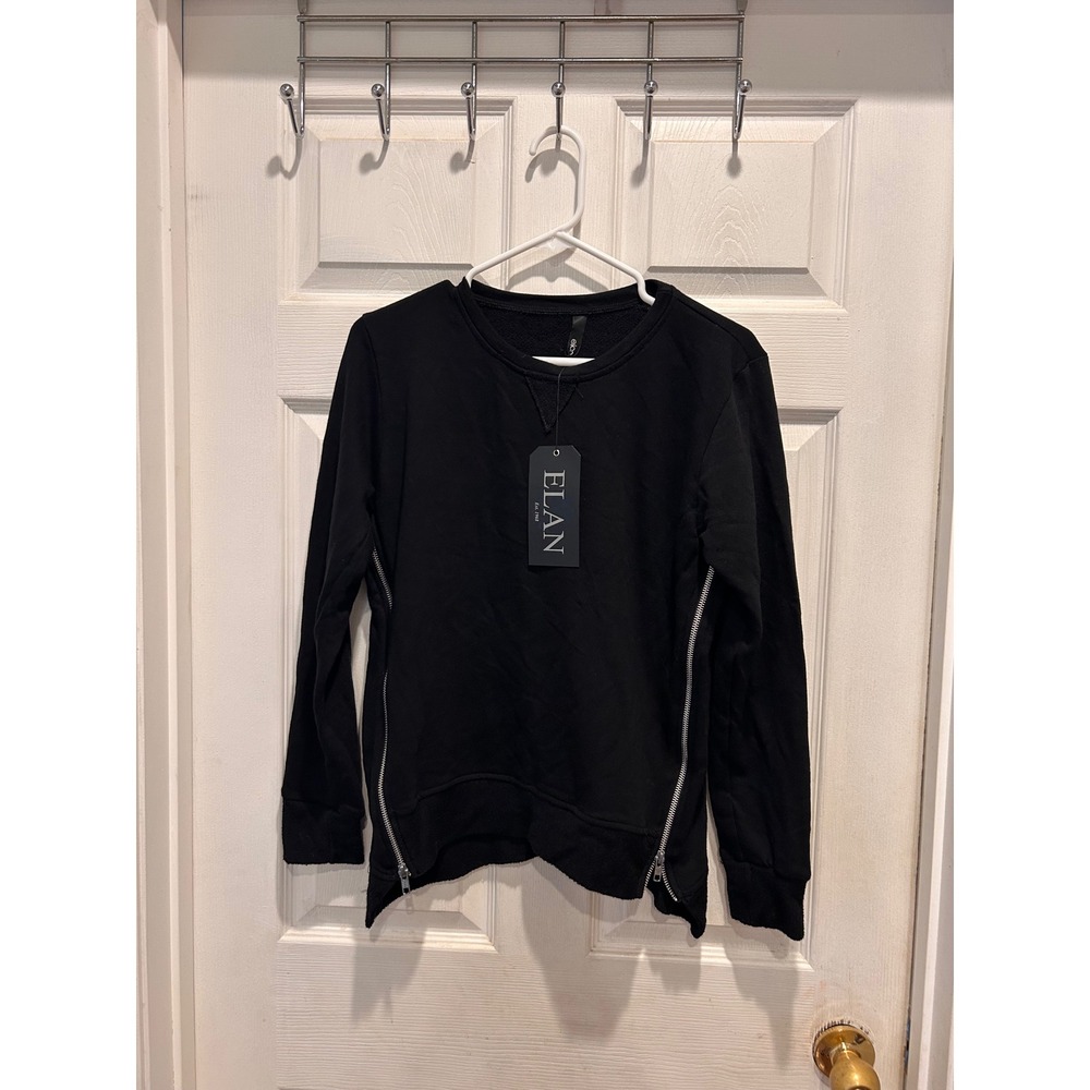 Elan Womens Black Side Zip Crew Neck Sweatshirt Large NWT Made in USA Minimalist